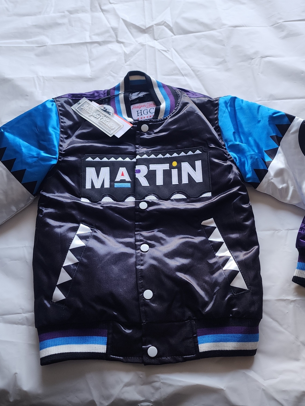 Nostalgia MARTIN Satin Bomber Jacket - Black, Blue & Purple